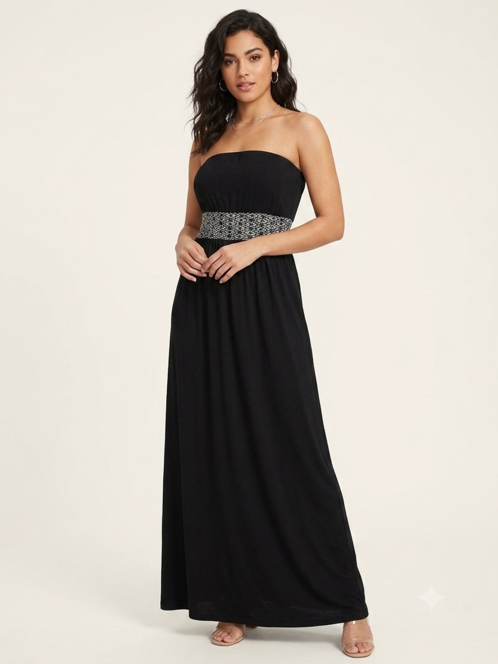 Ardene Strapless Black Maxi Dress with Embroidered Waist